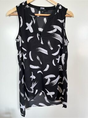 Zac & Rachel Black White Abstract Print Sleeveless Semi Sheer Tunic Top S